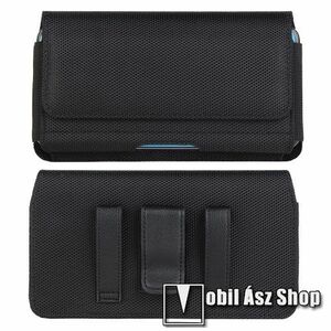UNIVERZÁLIS fekvő tok - mágneses záródás, cseppálló oxford szövet és PU bőr, övre fűzhető, övcsipesz, bankkártyatartó zseb, gumis - 170 x 92 x 20mm - FEKETE kép