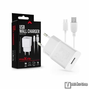 MAXLIFE hálózati töltő USB aljzattal - FEHÉR - 5V/1A, 5W + 1m microUSB töltő kábel - MXTC-01 kép