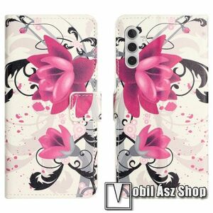 Notesz / mappa tok - LÓTUSZVIRÁG MINTÁS - oldalra nyíló, rejtett mágneses záródás, bankkártyatartó zsebek, asztali tartó funkció, szilikon belső - SAMSUNG Galaxy A25 5G (SM-A256) kép