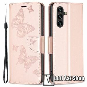 Notesz / mappa tok - ROSE GOLD - GRAVÍROZOTT PILLANGÓ MINTÁS - oldalra nyíló, rejtett mágneses záródás, belső zseb, asztali tartó funkció, szilikon belső - SAMSUNG Galaxy A55 5G (SM-A556) kép