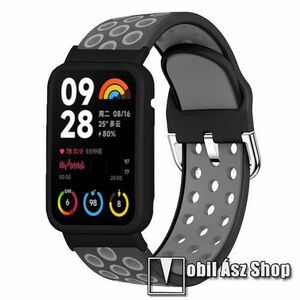 Okosóra szilikon szíj és műanyag tok (bumper) - légáteresztő, sportoláshoz, szilikon, 270mm hosszú - SZÜRKE / FEKETE - Xiaomi Smart Band 8 Pro kép