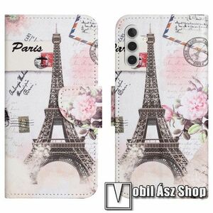 Notesz / mappa tok - EIFFEL TORONY / VIRÁG MINTÁS - oldalra nyíló, rejtett mágneses záródás, belső zseb, asztali tartó funkció, szilikon belső - SAMSUNG Galaxy A55 5G (SM-A556) kép