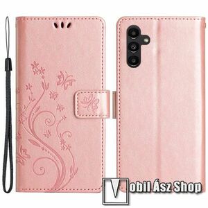 Notesz / mappa tok - GRAVÍROZOTT PILLANGÓ / VIRÁG MINTÁS - ROSE GOLD - oldalra nyíló, rejtett mágneses záródás, belső zseb, asztali tartó funkció, szilikon belső - SAMSUNG Galaxy A55 5G (SM-A556) kép