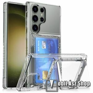 OTT! TRANSPARENT CARD műanyag védő tok / átlátszó hátlap - ÁTLÁTSZÓ - szilikon szegély, erősített sarkok, 4db bankkártya tarolható, asztali tartó funkciós, kitámasztható - ERŐS VÉDELEM! - SAMSUNG Galaxy S24 Ultra 5G (SM-S928) kép