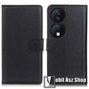 WALLET notesz tok / flip tok - FEKETE - asztali tartó funkciós, oldalra nyíló, rejtett mágneses záródás, bankkártyatartó zseb, szilikon belső - HUAWEI Honor 90 Smart / X7b / X7b 5G / Play 50 Plus / Play 8T kép