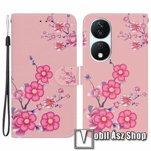 Notesz / mappa tok - RÓZSASZÍN VIRÁG MINTÁS - oldalra nyíló, rejtett mágneses záródás, bankkártyatartó zsebek, asztali tartó funkció, szilikon belső - HUAWEI Honor 90 Smart / X7b / X7b 5G / Play 50 Plus / Play 8T kép