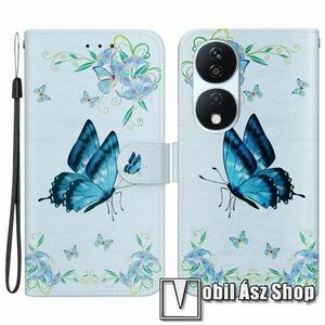 Notesz / mappa tok - KÉK PILLANGÓ MINTÁS - oldalra nyíló, rejtett mágneses záródás, bankkártyatartó zsebek, asztali tartó funkció, szilikon belső - HUAWEI Honor 90 Smart / X7b / X7b 5G / Play 50 Plus / Play 8T kép