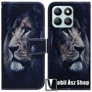 Notesz / mappa tok - OROSZLÁN MINTÁS - oldalra nyíló, rejtett mágneses záródás, bankkártyatartó zsebek, asztali tartó funkció, szilikon belső - HUAWEI Honor X8b kép