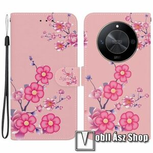 Notesz / mappa tok - RÓZSASZÍN VIRÁG MINTÁS - oldalra nyíló, rejtett mágneses záródás, bankkártyatartó zsebek, asztali tartó funkció, szilikon belső - HUAWEI Honor Magic6 Lite / X9b kép