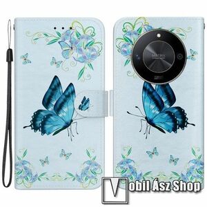 Notesz / mappa tok - KÉK PILLANGÓ MINTÁS - oldalra nyíló, rejtett mágneses záródás, bankkártyatartó zsebek, asztali tartó funkció, szilikon belső - HUAWEI Honor Magic6 Lite / X9b kép