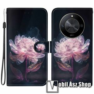 Notesz / mappa tok - LILA VIRÁG MINTÁS - oldalra nyíló, rejtett mágneses záródás, bankkártyatartó zsebek, asztali tartó funkció, szilikon belső - HUAWEI Honor Magic6 Lite / X9b kép