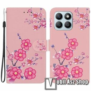 Notesz / mappa tok - RÓZSASZÍN VIRÁG MINTÁS - oldalra nyíló, rejtett mágneses záródás, bankkártyatartó zsebek, asztali tartó funkció, szilikon belső - HUAWEI Honor X8b kép