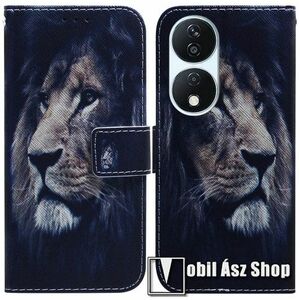 Notesz / mappa tok - OROSZLÁN MINTÁS - oldalra nyíló, rejtett mágneses záródás, bankkártyatartó zseb, asztali tartó funkció, szilikon belső - HUAWEI Honor 90 Smart / X7b / X7b 5G / Play 50 Plus / Play 8T kép