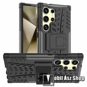OTT! VROOM műanyag védő tok / hátlap - FEKETE - AUTÓGUMI MINTÁS - szilikon betétes, asztali tartó funkciós, ERŐS VÉDELEM! - SAMSUNG Galaxy S24 Ultra 5G (SM-S928) kép