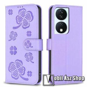 Notesz / mappa tok - GRAVÍROZOTT LÓHERE MINTÁS - LILA - oldalra nyíló, rejtett mágneses záródás, fényképtartó zseb, bankkártyatartó zsebek, asztali tartó funkció, szilikon belső - HUAWEI Honor 90 Smart / X7b / X7b 5G / Play 50 Plus / Play 8T kép