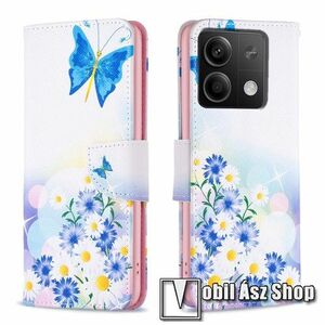 Notesz / mappa tok - VIRÁG / PILLANGÓ MINTÁS - oldalra nyíló, rejtett mágneses záródás, bankkártyatartó zsebek, asztali tartó funkció, szilikon belső - Xiaomi Redmi Note 13 4G kép