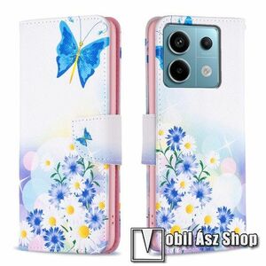 Notesz / mappa tok - VIRÁG / PILLANGÓ MINTÁS - oldalra nyíló, rejtett mágneses záródás, bankkártyatartó zsebek, asztali tartó funkció, szilikon belső - Xiaomi Redmi Note 13 Pro 5G / Poco X6 5G kép