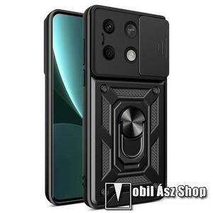 OTT! CAMSHIELD ARMOR műanyag védő tok / hátlap - FEKETE - szilikon betétes, kitámasztható, fém ujjgyűrűvel, eltolható kamera védő fedéllel, tapadófelület mágneses autós tartóhoz - ERŐS VÉDELEM! - Xiaomi Redmi Note 13 5G / Note 13 5G (China) kép