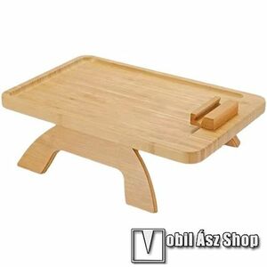 UNIVERZÁLIS bambusz tálca forgatható telefontartóval - kanapé karfára tehető, tömör bambusz, könnyen tisztítható, telefon vagy tablettartó 360°-ban forgatható, fém zsanérok, összecsukható talp - BARNA kép