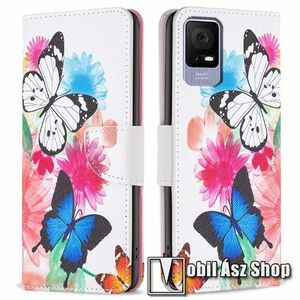 Notesz / mappa tok - VIRÁG / PILLANGÓ MINTÁS - oldalra nyíló, rejtett mágneses záródás, bankkártyatartó zsebek, asztali tartó funkció, szilikon belső - TCL 405 / 406 / 408 kép