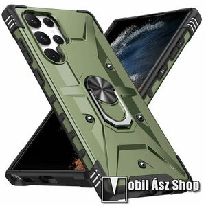 OTT! HYBRID ARMOR műanyag védő tok / hátlap - SÖTÉTZÖLD - szilikon betétes, kitámasztható, fém ujjgyűrűvel, tapadófelület mágneses autós tartóhoz - ERŐS VÉDELEM! - SAMSUNG Galaxy S24 Ultra 5G (SM-S928) kép