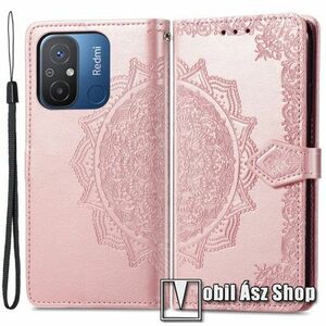 Notesz / mappa tok - ROSE GOLD - GRAVÍROZOTT MANDALA MINTÁS - oldalra nyíló, rejtett mágneses záródás, bankkártyatartó zseb, asztali tartó funkció, szilikon belső - Xiaomi Redmi 12C / Redmi 11A / Poco C55 kép