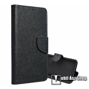 Smart Fancy notesz tok / flip tok - FEKETE - szövet hatású, asztali tartó funkciós, oldalra nyíló, rejtett mágneses záródás, bankkártyatartó zseb, szilikon belső - SAMSUNG Galaxy A23 4G / A23 5G / M23 5G / F23 5G kép