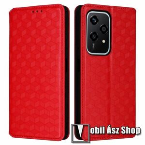 Notesz tok / flip tok - PIROS - 3D ROMBUSZ MINTÁS - asztali tartó funkciós, oldalra nyíló, rejtett mágneses záródás, bankkártyatartó zseb, szilikon belső - HUAWEI Honor 200 Lite kép