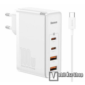 BASEUS GaN2 hálózati töltő 2x USB és 2x Type-C aljzattal - QC4.0 és PD gyorstöltés támogatás, 100W + Type-C adatátvitel és töltő kábellel - FEHÉR - CCGAN2P-L02 - GYÁRI kép