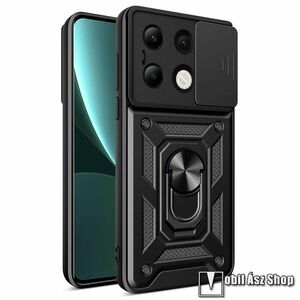 OTT! CAMSHIELD ARMOR műanyag védő tok / hátlap - FEKETE - szilikon betétes, kitámasztható, fém ujjgyűrűvel, eltolható kamera védő fedéllel, tapadófelület mágneses autós tartóhoz - ERŐS VÉDELEM! - Xiaomi Redmi Note 13 4G kép