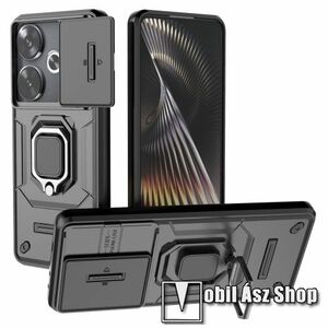 OTT! CAMSHIELD ARMOR műanyag védő tok / hátlap - FEKETE - szilikon betétes, kitámasztható, fém ujjgyűrűvel, eltolható kamera védő fedéllel, tapadófelület mágneses autós tartóhoz - ERŐS VÉDELEM! - Xiaomi Redmi Turbo 3 / Poco F6 kép