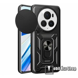 OTT! CAMSHIELD ARMOR műanyag védő tok / hátlap - FEKETE - szilikon betétes, kitámasztható, fém ujjgyűrűvel, eltolható kamera védő fedéllel, tapadófelület mágneses autós tartóhoz - ERŐS VÉDELEM! - HUAWEI Honor Magic6 Pro kép