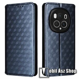 Notesz tok / flip tok - SÖTÉTKÉK - 3D ROMBUSZ MINTÁS - asztali tartó funkciós, oldalra nyíló, rejtett mágneses záródás, bankkártyatartó zseb, szilikon belső - HUAWEI Honor Magic6 Pro kép