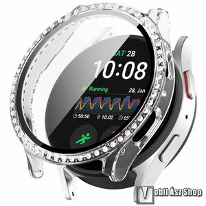 Samsung Galaxy Watch7 44mm, Okosóra műanyag védőtok, Keret, 9H edzett üvegfólia, Strasszkő, Átlátszó kép