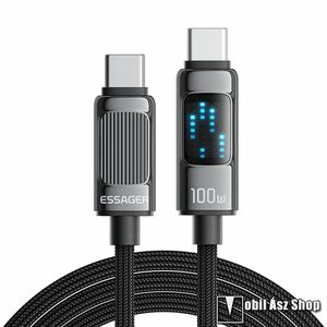 ESSAGER adatátviteli kábel / USB töltő - Type-C / Type-C csatlakozók, 100W, 1m hosszú, 480Mbps adatátviteli sebesség, E-Marker Chip, LED kijelző, PD gyorstöltés támogatás, törésgátló, szövettel bevont, 20V/5A - FEKETE - GYÁRI kép