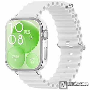 Okosóra szilikon szíj és műanyag tok (bumper) - csőszerkezetes struktúra, rugalmas, csatos - FEHÉR / ÁTLÁTSZÓ TOK - 240mm hosszú - HUAWEI Watch Fit 3 kép