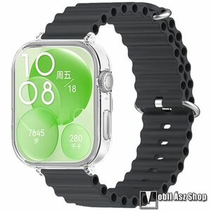 Okosóra szilikon szíj és műanyag tok (bumper) - csőszerkezetes struktúra, rugalmas, csatos - FEKETE / ÁTLÁTSZÓ TOK - 240mm hosszú - HUAWEI Watch Fit 3 kép