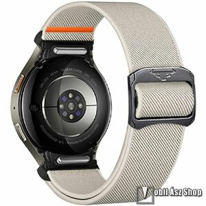 Okosóra szíj - TÖRTFEHÉR - szövet, sztreccses, 130-200mm-ig állítható, csatos, gombos gyorskioldó - SAMSUNG Galaxy Watch4 Classic / Watch4 / Watch5 / Watch5 Pro / Watch6 Classic / Watch6 kép