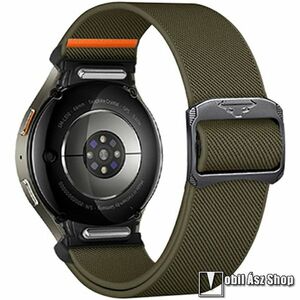 Okosóra szíj - SÖTÉTZÖLD - szövet, sztreccses, 130-200mm-ig állítható, csatos, gombos gyorskioldó - SAMSUNG Galaxy Watch4 Classic / Watch4 / Watch5 / Watch5 Pro / Watch6 Classic / Watch6 kép