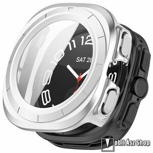 Samsung Galaxy Watch Ultra, Okosóra műanyag védőtok, Keret, 9H edzett üvegfólia, Matt, Ezüst kép