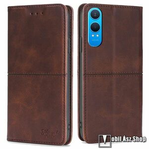 OnePlus Nord CE4 Lite 5G, Telefontok, Oldalra nyíló, Mágneses záródás, Bankkártyatartó, Asztali tartó, PU bőr, Szilikon belső, Varrás minta, Barna kép