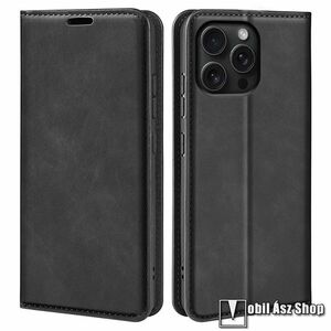 Apple iPhone 16 Pro, Slim telefontok, Notesz, Asztali tartó, Oldalra nyíló, Mágneses, Bankkártyatartó, PU bőr, TPU, Fekete kép