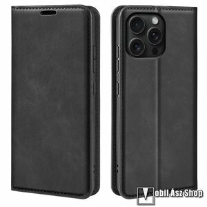 Apple iPhone 16 Pro Max, Slim telefontok, Notesz, Asztali tartó, Oldalra nyíló, Mágneses, Bankkártyatartó, PU bőr, TPU, Fekete kép
