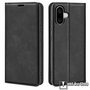 Apple iPhone 16 Plus, Slim telefontok, Notesz, Asztali tartó, Oldalra nyíló, Mágneses, Bankkártyatartó, PU bőr, TPU, Fekete kép