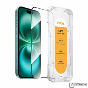 Apple iPhone 16 Plus, ENKAY HAT PRINCE EasyInstall előlapvédő karcálló edzett üveg, 9H, A teljes felületén tapad, Felhelyező segédkeret, A teljes kijelzőt védi, Fekete kép