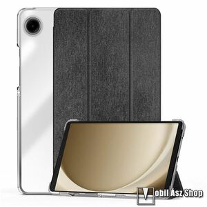 Samsung Galaxy Tab A9 (SM-X110/X115), DUX DUCIS UNID, Tablet tok, Notesz, Átlátszó műanyag hátlap, Oldalra nyíló flip cover, TRIFOLD asztali tartó, Textil hatású, Szilikon belső, Fekete kép