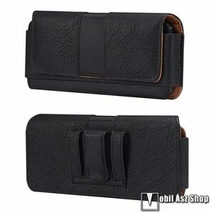 UNIVERZÁLIS fekvő tok, PU bőr, Szövet, Mágneses záródás, Övre fűzhető, Bankkártyatartó zseb, Övcsipesz, max 163 x 83 x 18mm-es készülékekhez, Fekete kép