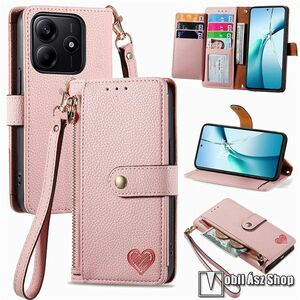 Xiaomi Redmi Note 14 5G, Telefontok, Oldalra nyíló, Mágnespatent záródás, Bankkártyatartó, RFID védelem, Asztali tartó, Pénztárca, Cipzár, Csuklópánt, Szilikon belső, Rózsaszín kép