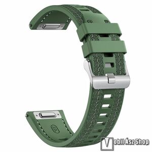 Okosóra szíj, Szilikon, Szövet borítás, 22mm széles, 124mm+86mm hosszú, Gyorskioldós, Állítható, Varrás minta, Zöld, Garmin Forerunner 265, Venu 3 45mm, Xiaomi Watch S1 Pro, Amazfit GTR 4 46mm, Huawei Watch Ultimate, Watch4 Pro, Realme Watch 3 Pro kép