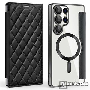 Samsung Galaxy S25 Ultra, Notesz, flip telefontok, Oldalra nyíló, Átlátszó szilikon hátlap, Magsafe támogatás, Bankkártyatartó, RFID védelem, Kameravédő, Varrás minta, Fekete kép